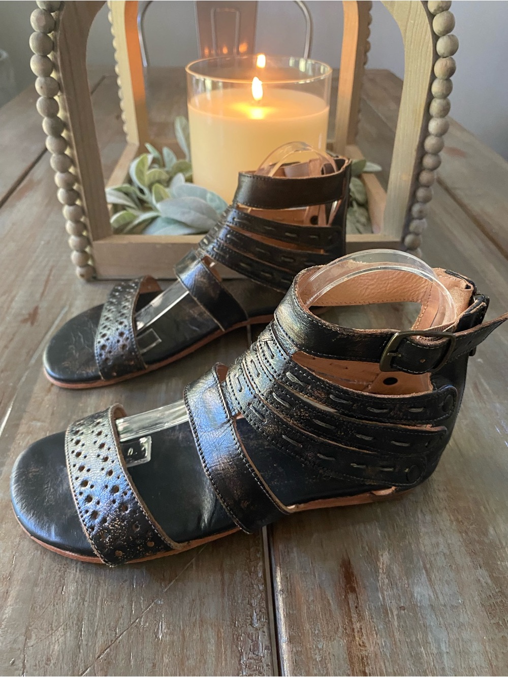 BED|STU Artemis Boho Gladiator Distressed Leather‎ Sandals Buckle Womens 8 Black